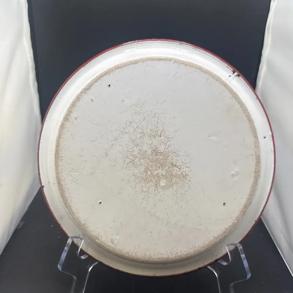 Vintage White Red Rim Enamelware Dinner Plate Farmhouse Camp Rustic 10 Inch